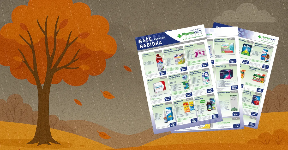 Podzimní krajina se stromem s oranžovým listím, které padá a pochmurným počasím s deštěm. Součástí je i obrázek 3 stránek slevového letáku.