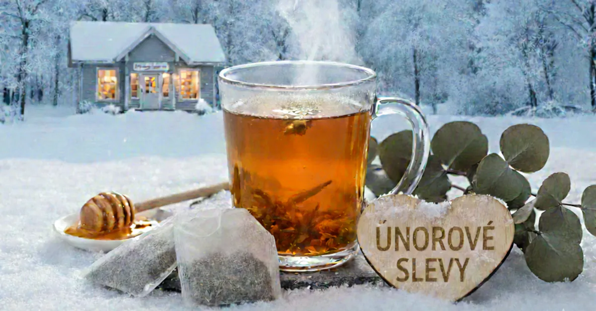 Sklenice s čajem ve sněhu s rozsvíceným domem (lékárnou) v pozadí a nápisem ÚNOROVÉ SLEVY v popředí.